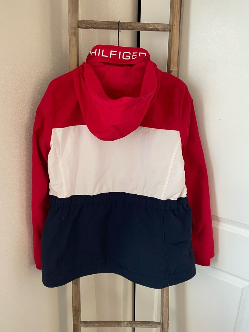 Tommy Hilfiger - Red White Navy Colorblock Zip Windbreaker Cinch Waist Jacket - Picture 2 of 4